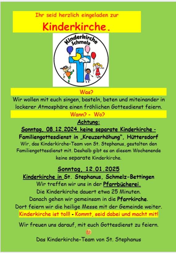 Einladung zur Kinderkirche am 12.01.2025 und 09.02.2025 um 10 Uhr in Sankt Stephanus Bettingen